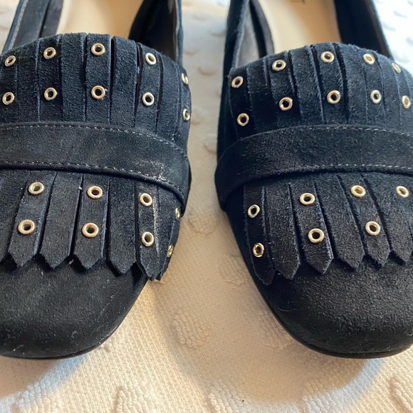 NINE WEST Black Suede Kiltie with Studs Block Mid Heel Slip-On Loafer - Picture 11 of 15